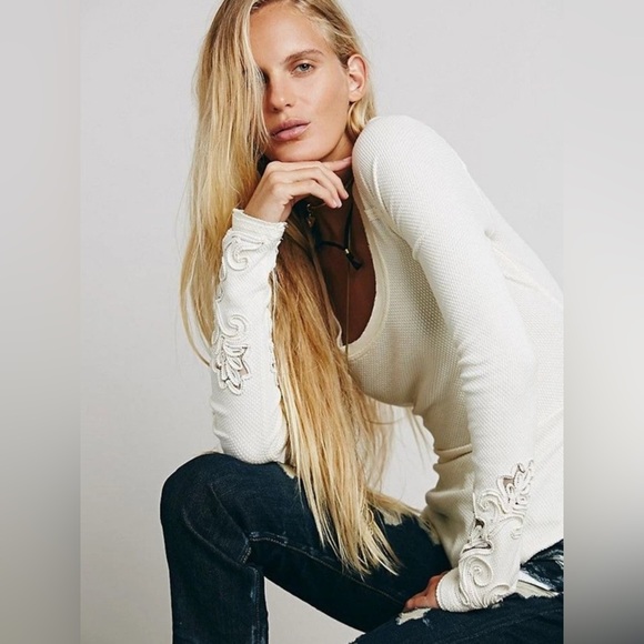 Free People Masquerade Cuff Thermal Shirt – Cream – Small – We The Free - Picture 2 of 7